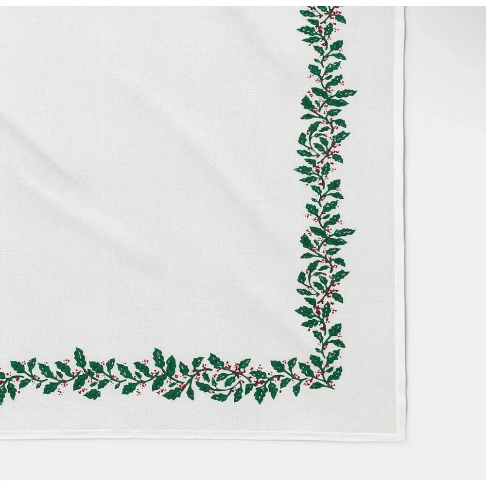 Threshold Christmas Holly Berry Border Cotton Rectangular Tablecloth‎ White